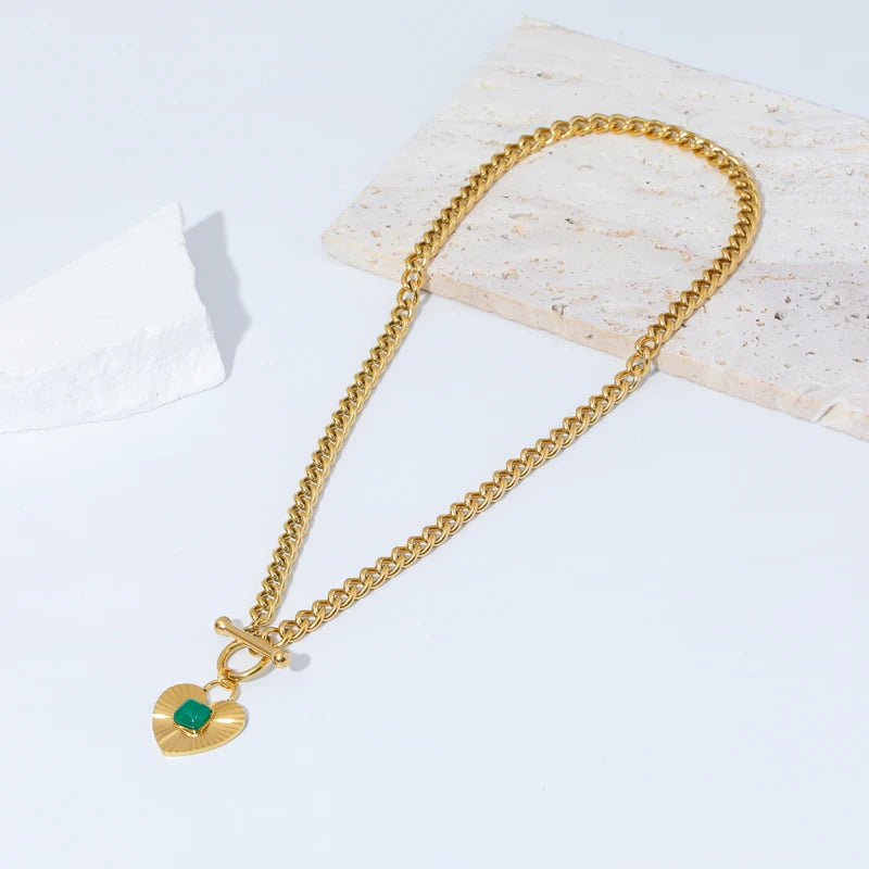 EILIECK 316L Stainless Steel Heart Love Green Crystal Pendant Necklace Earrings for Women Fashion Punk Jewelry Set Gift Party