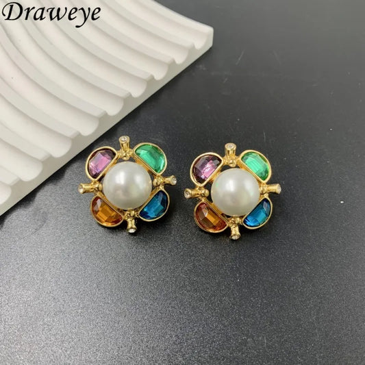 NISHIZAWA Pearls Stud Earrings for Women Contrast Color Palace Style Sweet Jewelry Fashion Simple Vintage Pendientes Mujer