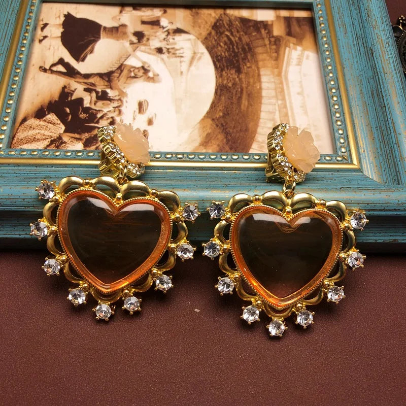 NISHIZAWA Gemstones Hearts Earrings for Women Palace Style Sweet Vintage Pendientes Mujer Fashion Elegant Simple Jewelry