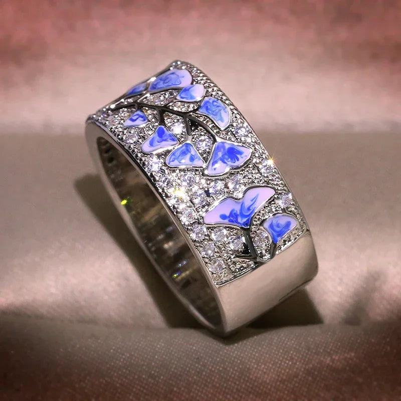 Female Silver Flower Ring for Woman Blue Flower Ring Sterling Silver Color Party Fashion Promise Wedding Jewelry HANDMADE Enamel