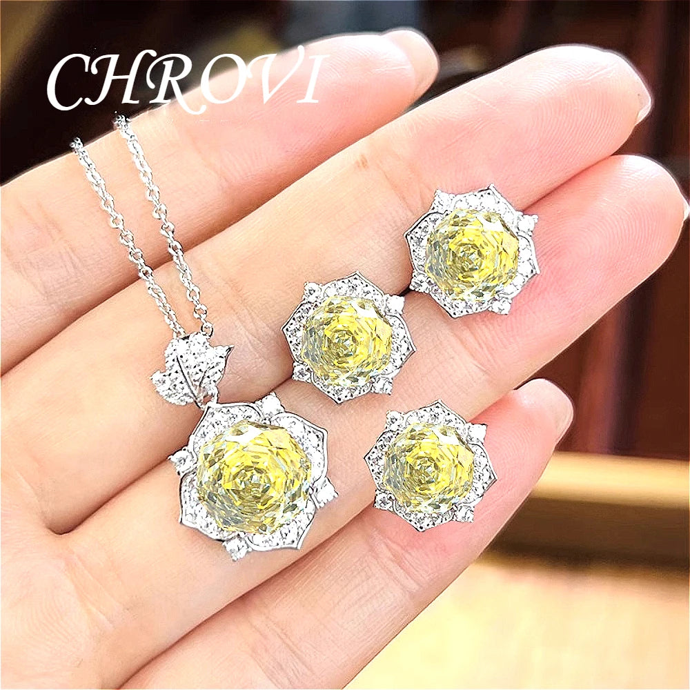 Luxury-Style 925 Sterling Silver Rose Diamond Flower Necklace Pendant Earring Ring Women's Set