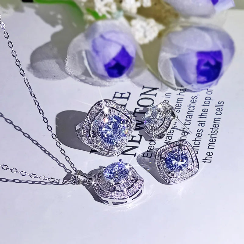 925 sterling silver square ZC ring full ZC micro inlaid earrings pendant clavicle necklace three-piece jewelry set party gift