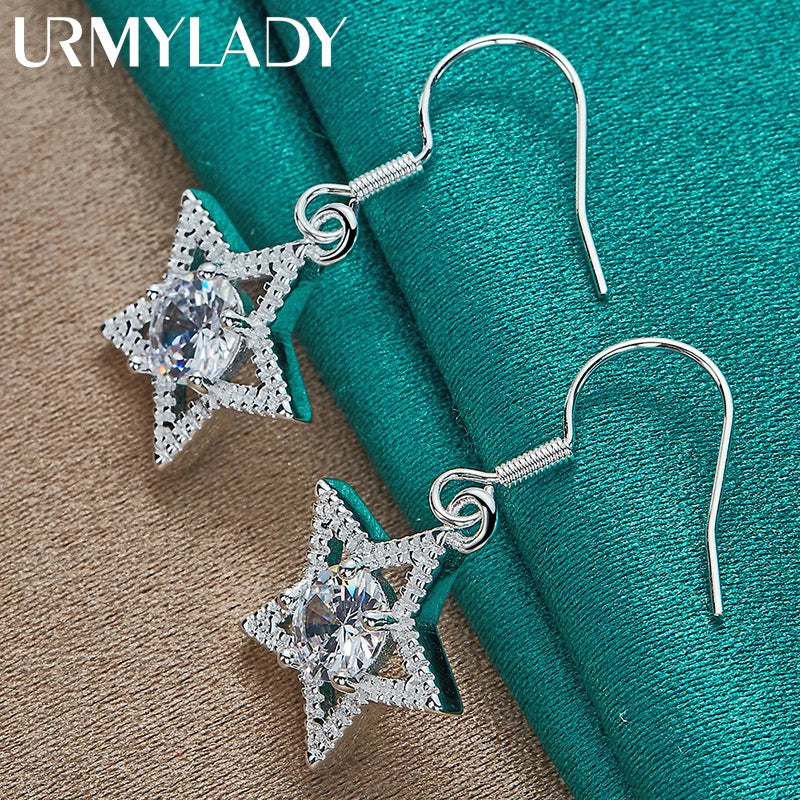 URMYLADY 925 Sterling Silver Star Zircon Earrings Eardrop for Women Fashion Charm Wedding Engagement Jewelry