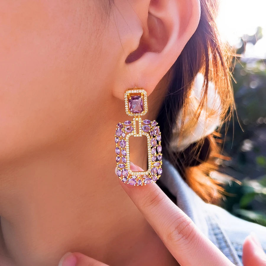 ThreeGraces New Brilliant Purple White Zirconia Long Big Rectangle Dangle Earrings for Women Luxury Bridal Party Jewelry E1963