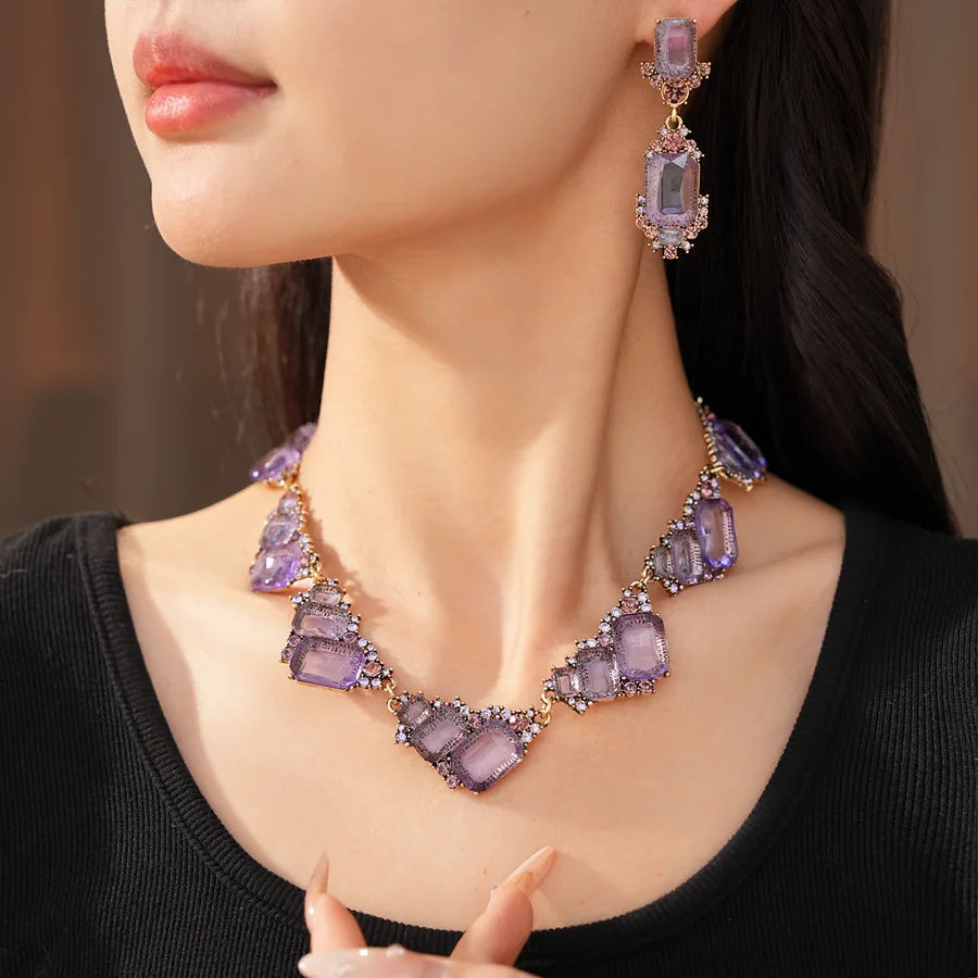 1 Pcs Purple Square Rhinestones Chokers Necklaces Retro Shiny Geometric Drop Earring Luxury Jewelry Set Gifts Wedding Party N