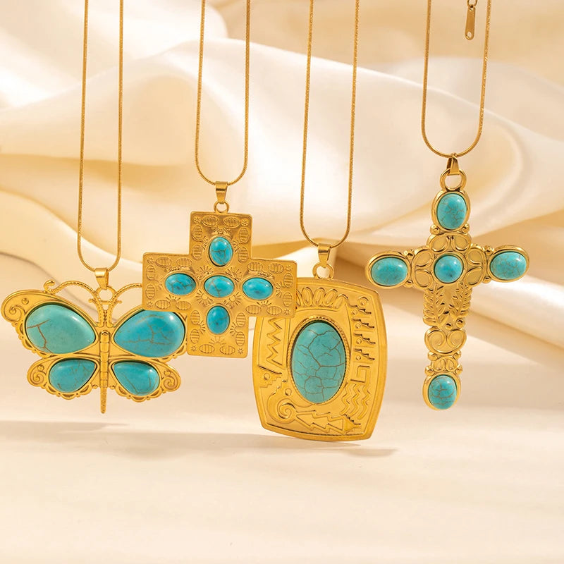 ANENJERY 316L Stainless Steel Turquoise Cross Butterfly Geometry Pendant Necklace For Women Niche Boho Exaggerated Jewelry Gifts