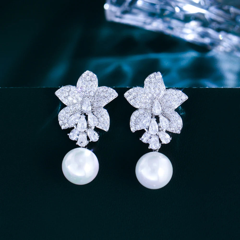 ThreeGraces Sparkling Cubic Zirconia Simulated Pearl Long Flower Dangle Earrings for Women Trendy Bridal Wedding Jewelry E1855