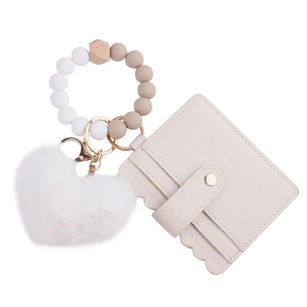 Solid Leather Leather Card Bag Keychain Tassel Design Silicone Beaded Wristlet Keychain Keychain Feature Wristlet Style