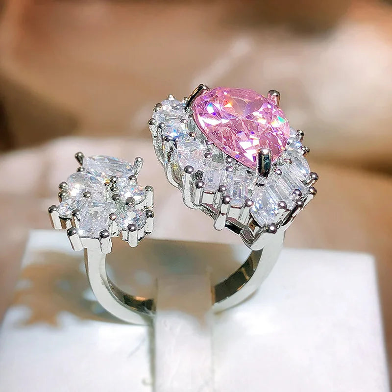 New Asymmetric Pink Zircon Exquisite Drop Ring Female Adjustable Temperament Wedding Party Jewellery Gift With 925 Stamp