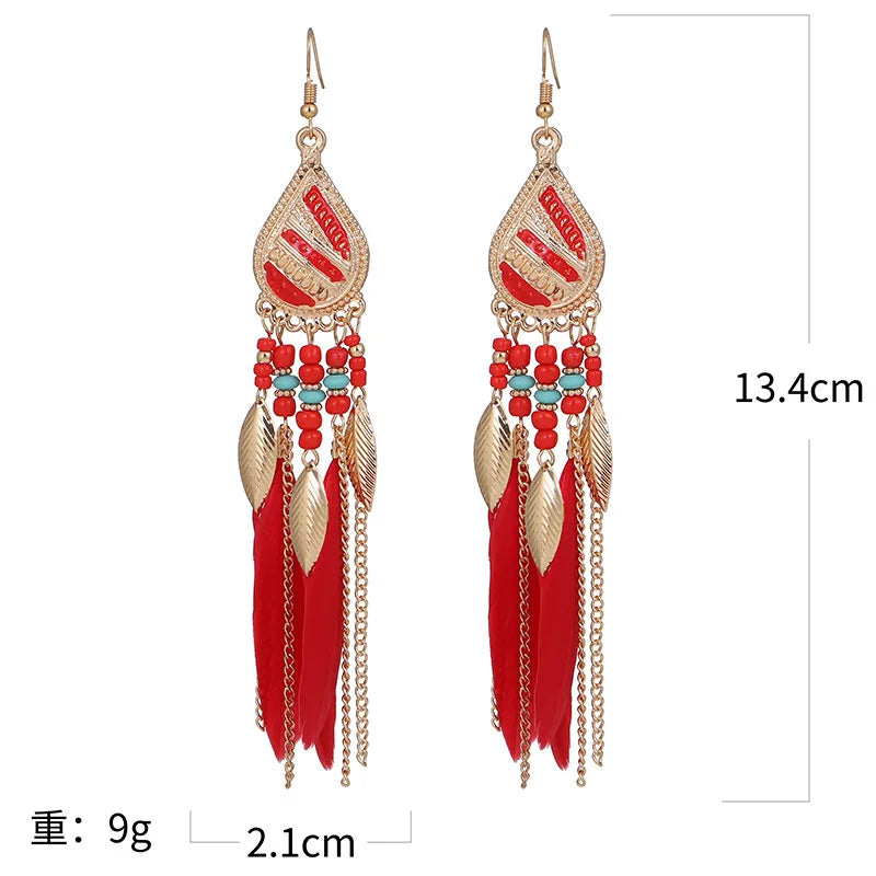Bohemian Colorful Feather Tassel Earrings For Women Ethnic Beads Drop Statement Hanging Earrings Girls Fashion Jewelry Gift