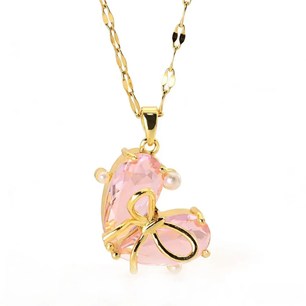 Cute Small Heart Love Bow Charm Female Pink Purple Zircon Fashion Pendant Necklace Gold Color Wedding Jewelry For Luxury Women