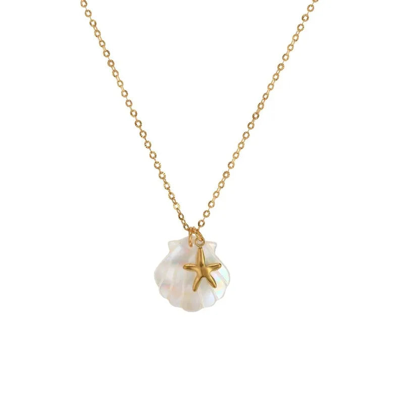 Boho Big White Shell Pendant Neckalce Gold Color Conch Sea Turtle Star Stainless Steel Choker Waterproof Beach Summer Jewelry