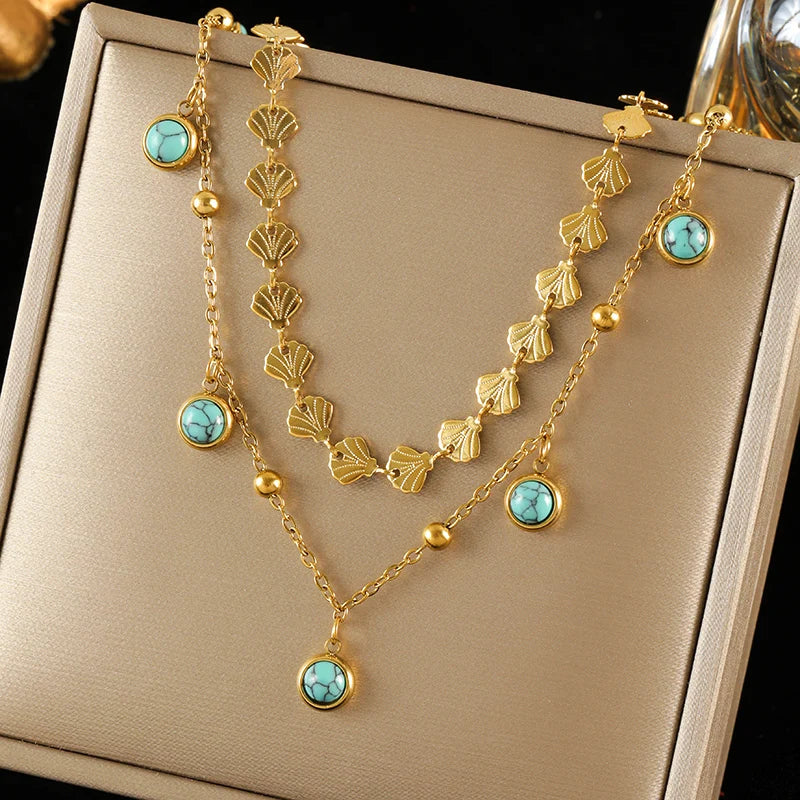 EILIECK 316L Stainless Steel Artificial Turquoise Pendant Necklace for Women Fashion Waterproof 2 Layer Neck Chain Jewelry Gift