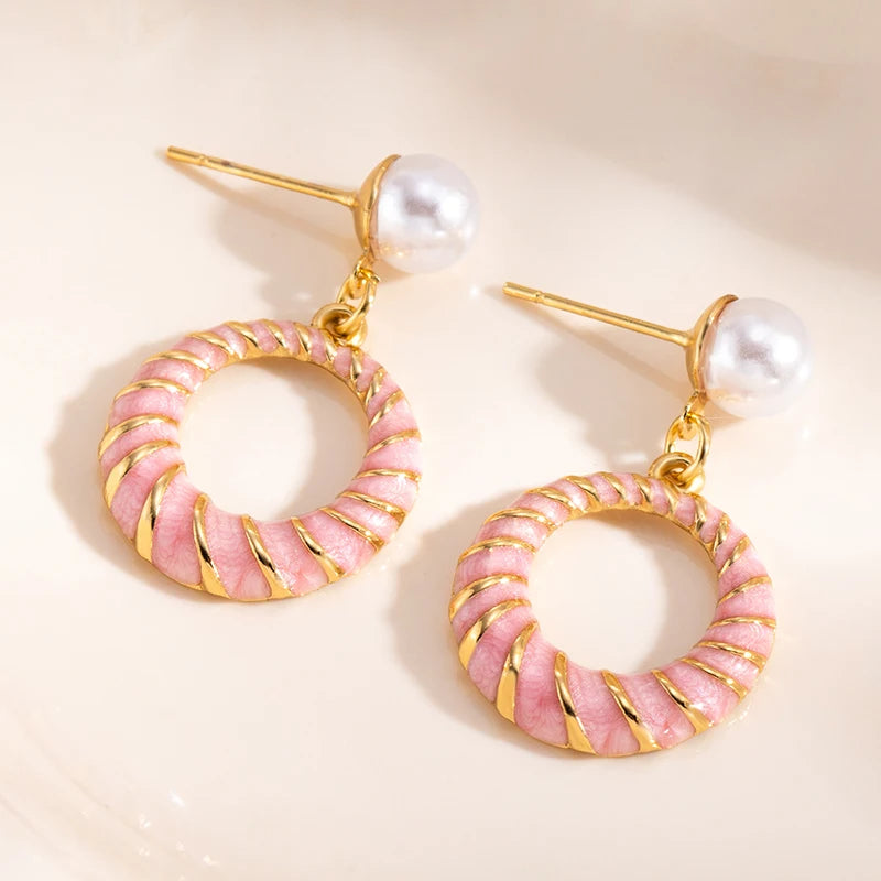 ANENJERY 316L Stainless Steel Hollow Round Imitation Pearls Stud Earrings For Women Luxury Niche Temperament Simple Jewelry Gift