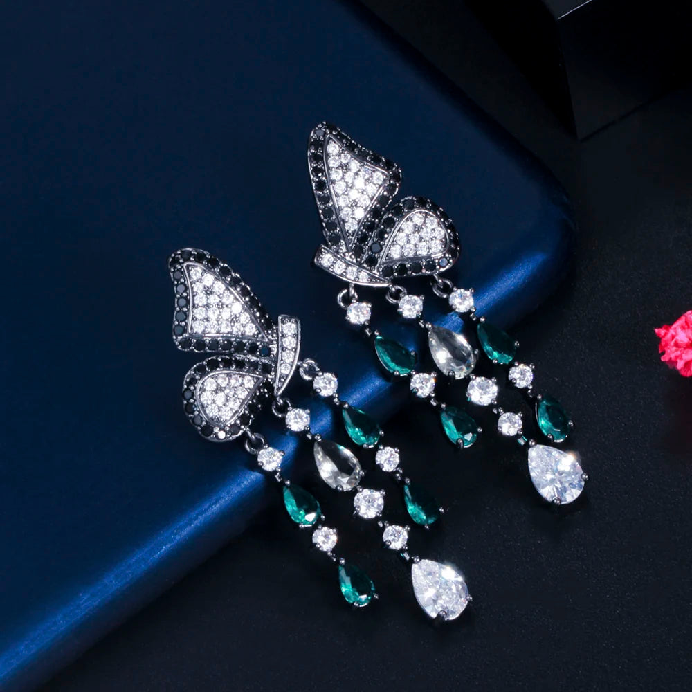 ThreeGraces Elegant Black Cubic Zirconia Butterfly Shape Long Dangle Tassel Earrings for Women New Fashion Party Jewelry E1281