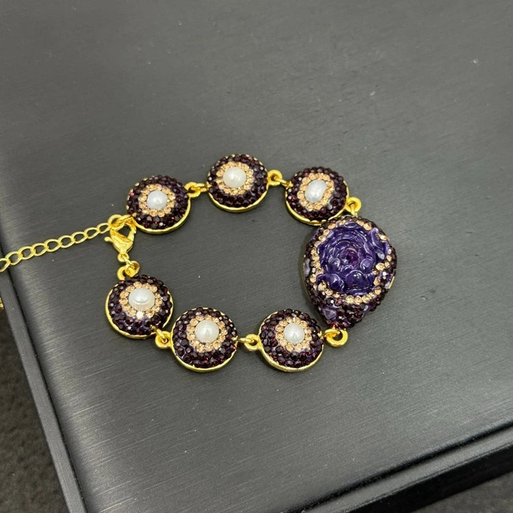 Rose Flower Amethyst Carving Crystal Jewelry Set for Women Rhinestone Quartz Cutting Bangle Rings Necklace Luxury Sets for Wed