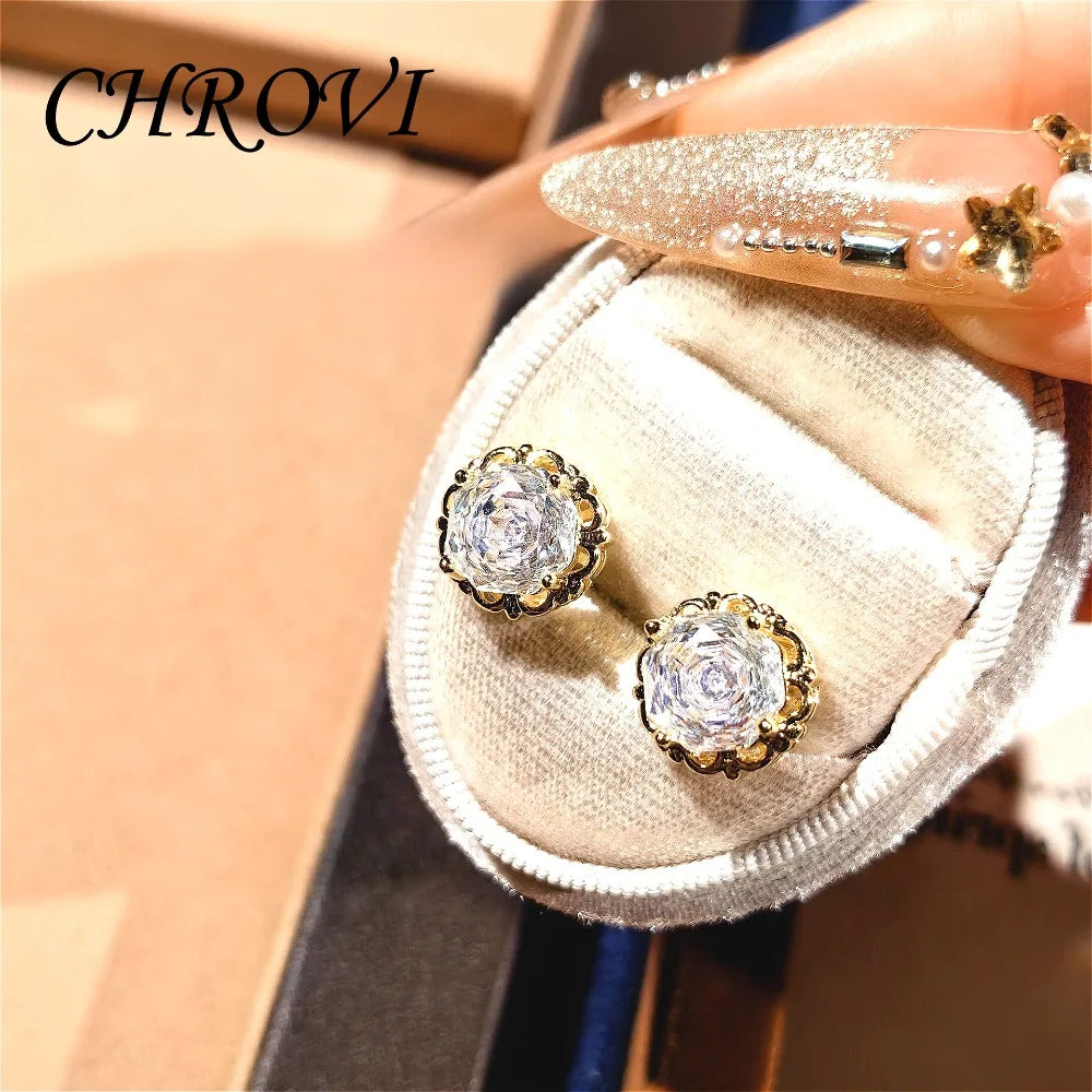 Light luxury 925 sterling silver round rose necklace with dazzling zircon stud earrings and gemstone ring set for women