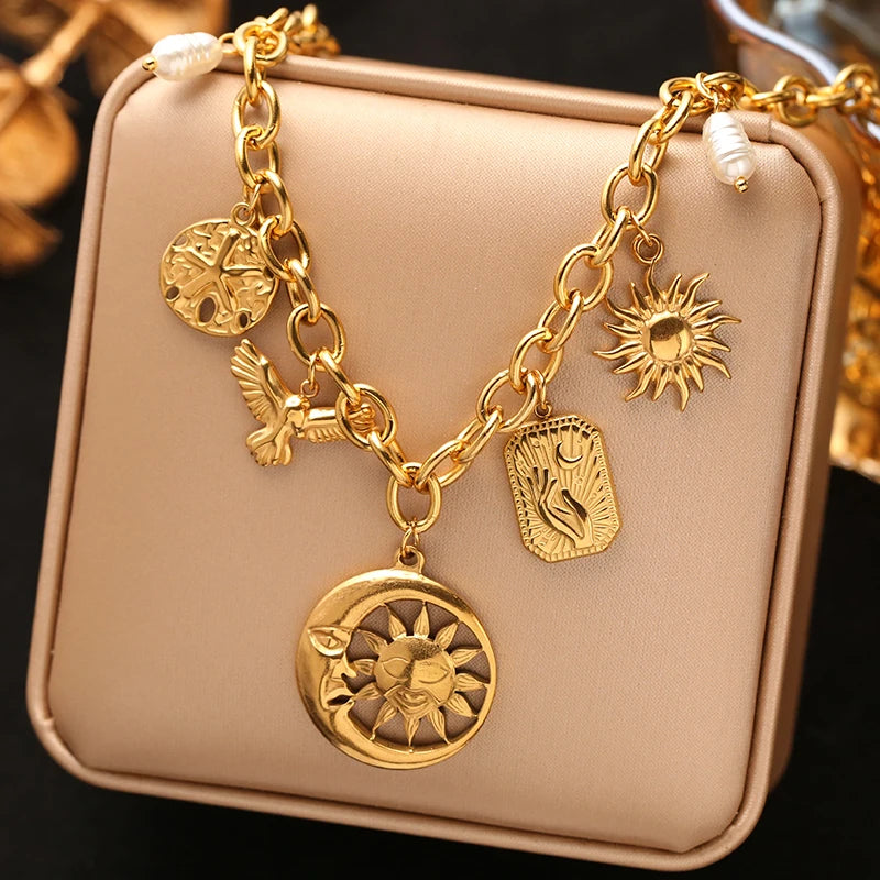 EILIECK 316L Stainless Steel Multiple Charms Pendant Necklace For Women Trendy 18K Gold PVD Plated Waterproof Neck Chain Jewelry