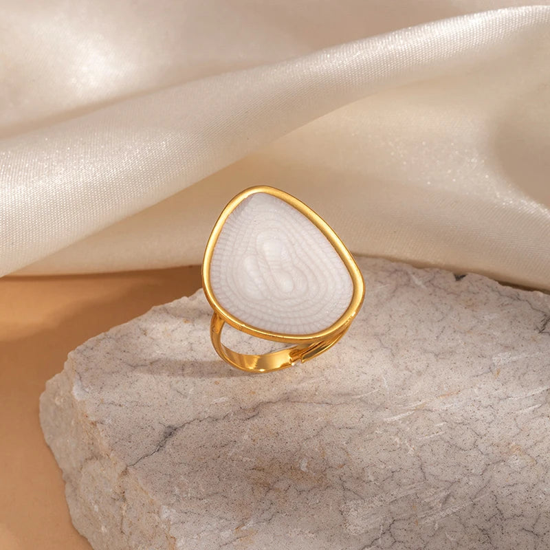 ANENJERY 316L Stainless Steel Geometric Circular Heart Waterdrop Enamel Ring For Women Luxury Temperament Fashion Jewelry Gifts