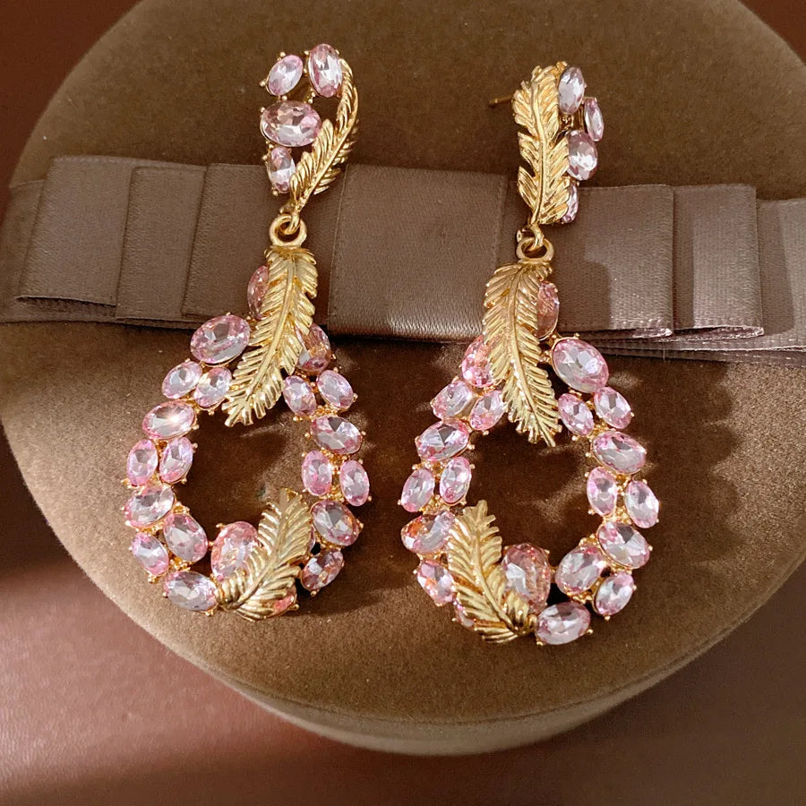 Vintage Rhinestone Inlaid Feather Drop Earrings Retro Style Light Luxury High Grade Elegant Exquisite Stud Ear Jewelry For Women