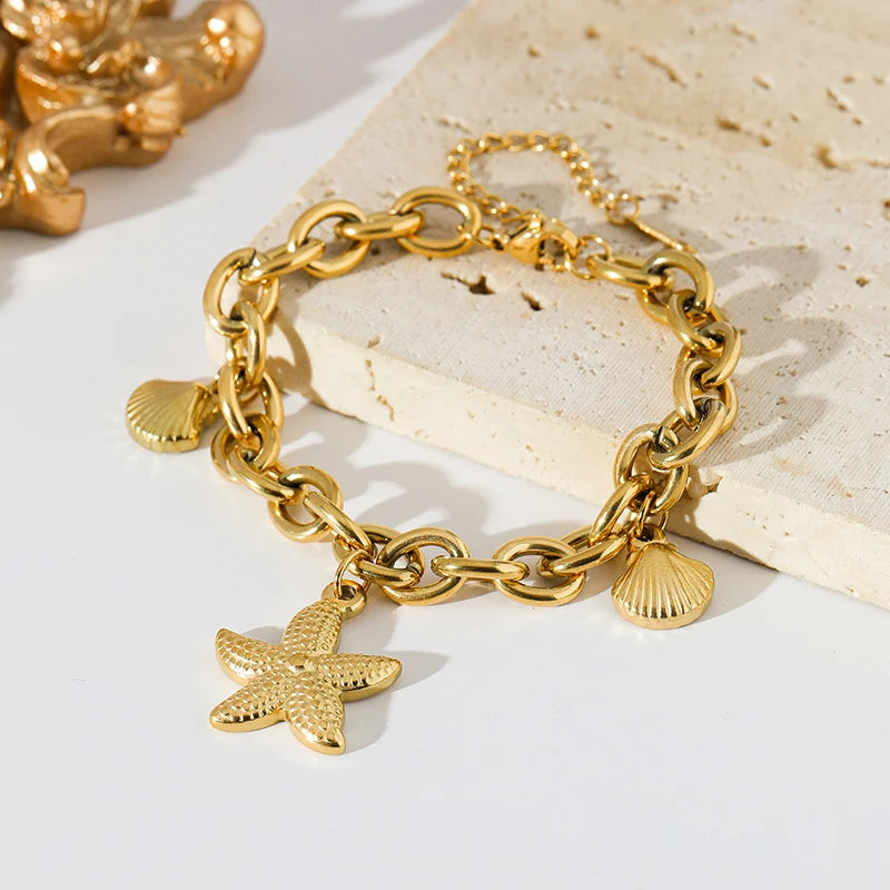 EILIECK 316L Stainless Steel Starfish Shells Charm Bracelet For Women New Trendy Wrist Chain 18K Gold Plated Jewelry Gift Party