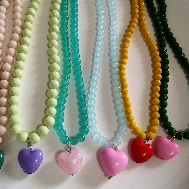 Kpop Resin Candy Color Heart Pendant Glass Beaded Short Choker Collar Neck Necklace Aesthetic Charm Jewelry Y2K Accessories