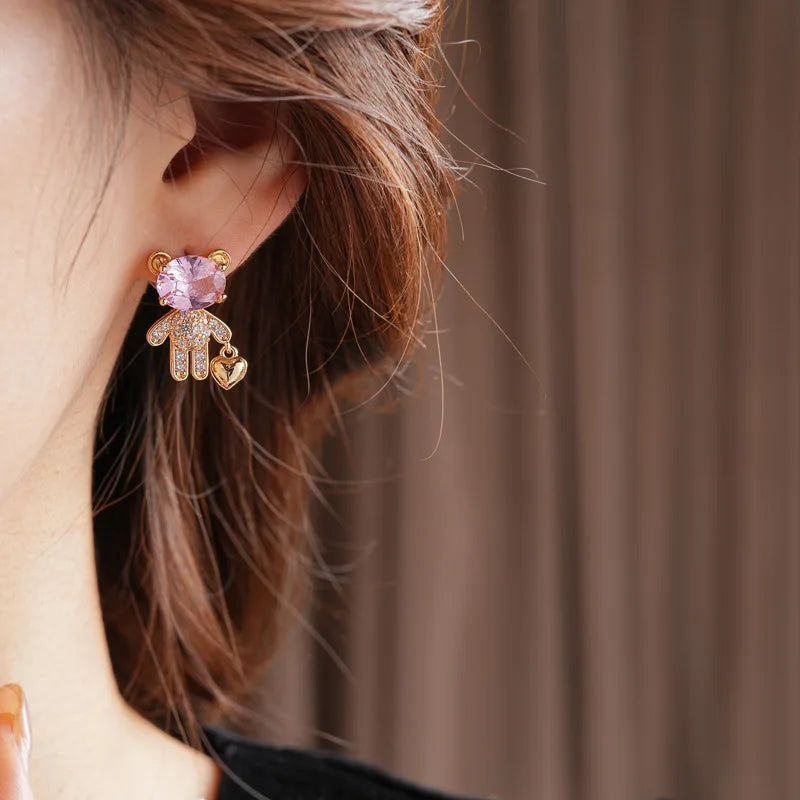 925 Silver Needle Zircon Bear Love Earrings for Women High-end Asymmetric Stud Earring Fashionable Versatile Sweet Jewelry