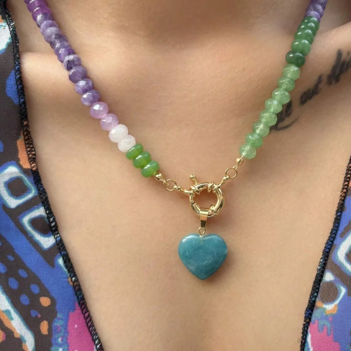2026 European and American handmade blogger beaded heart glass necklace, beach style pendant jewelry gift