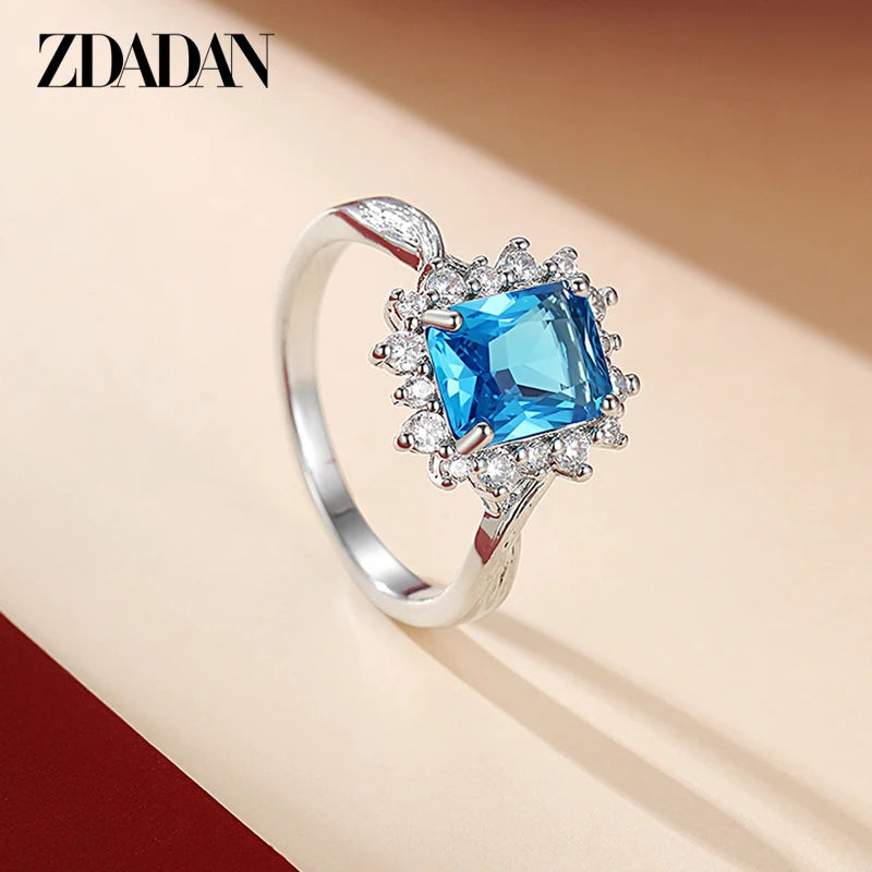 ZDADAN 925 Sterling Silver Light Blue Zircon Ring For Women Bride Jewelry Party Gift