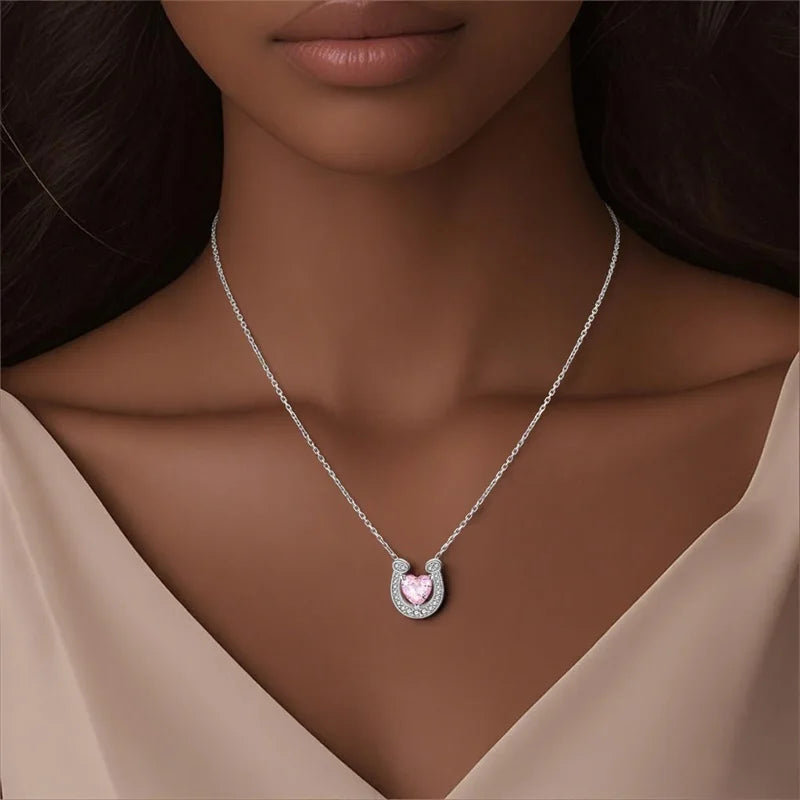 2026 New 925 Sterling Silver Pink Zirconium Horseshoe Necklace For Women Birthday Anniversary Jewelry Gifts