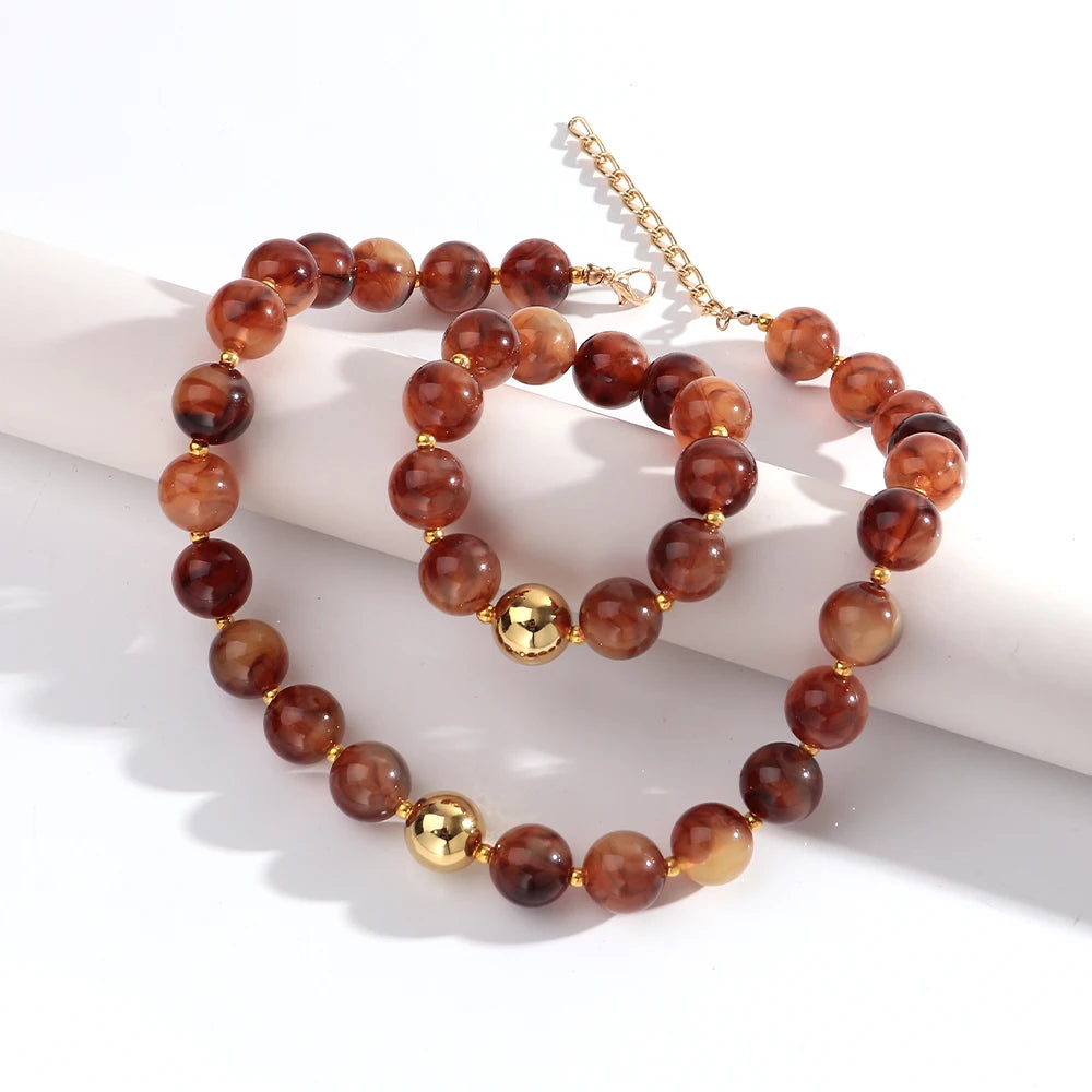 Trendy Acrylic Multicolor Round Beads Necklace Bracelet Set Resin Geometric Beaded Choker Necklaces 2026 Fashion Jewelry
