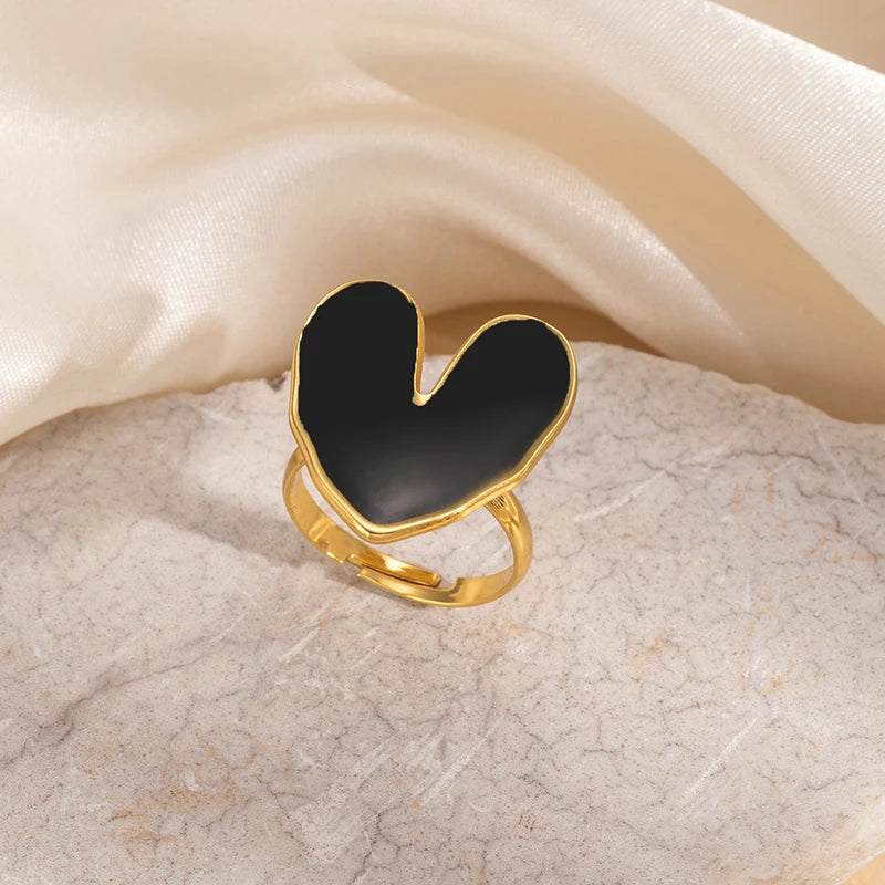ANENJERY 316L Stainless Steel Geometric Circular Heart Waterdrop Enamel Ring For Women Luxury Temperament Fashion Jewelry Gifts