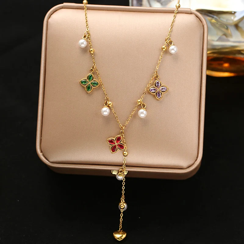 EILIECK Women's Trendy Floral Pink Zirconia Pendant Necklace Stainless Steel Neck Chain Daily Water-resistant Jewelry Lady Gift