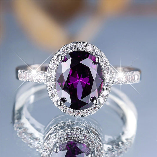 Trendy Crystal Big Purple Oval Zircon Stone Engagement Ring Vintage Silver Color Wedding Bands Jewelry For Women Men