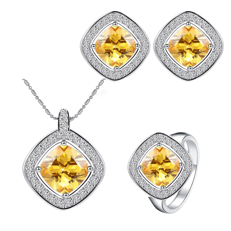 ThreeGraces Summer Yellow Cubic Zirconia Crystal Necklace Earrings and Ring Sets Fashion Austrian Ladies Party  Jewelry  JS190