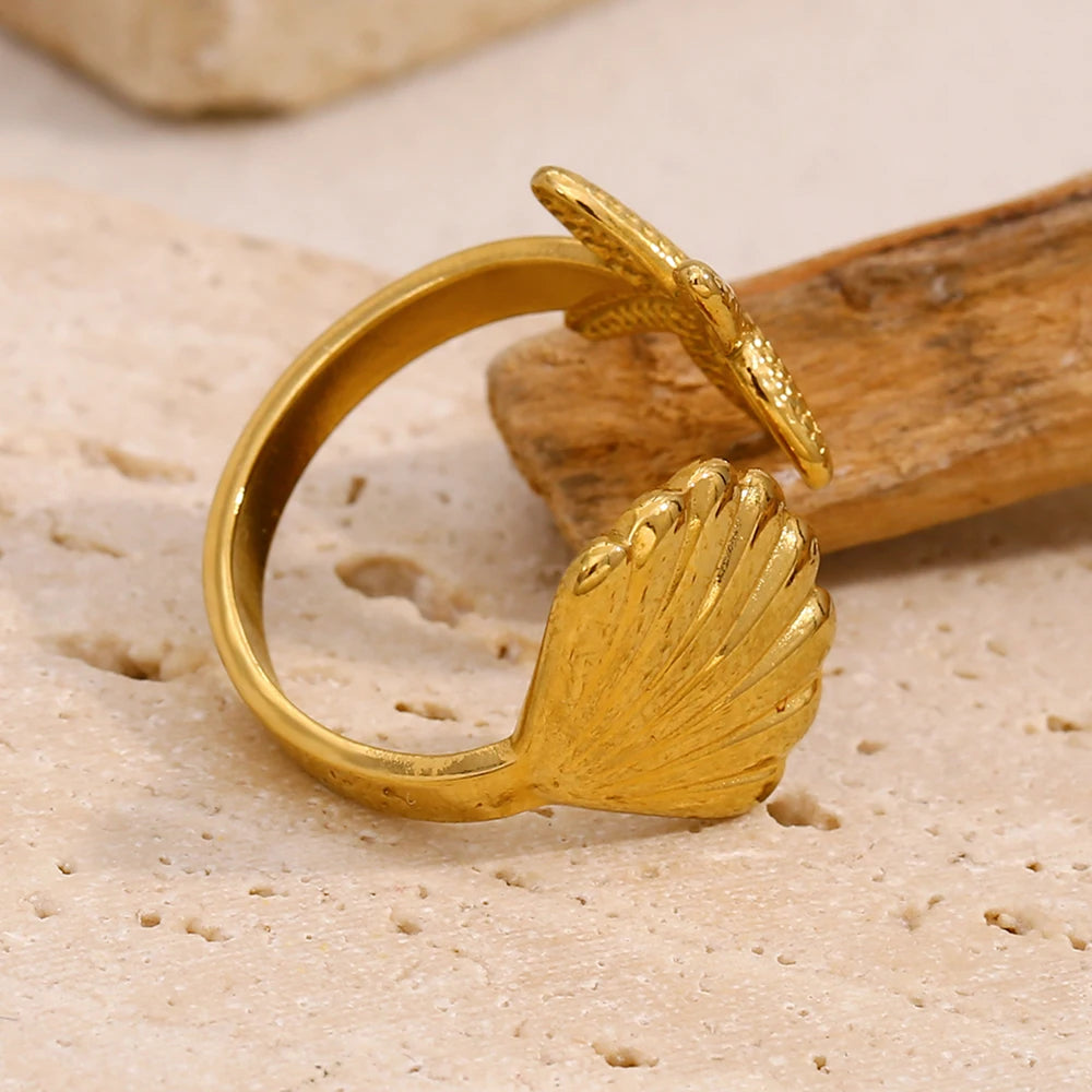 E.B.belle Personality Shell Starfish Opening Rings for Women New Fashion 316L Stainless Steel  PVD Plating Jewelry Decoration