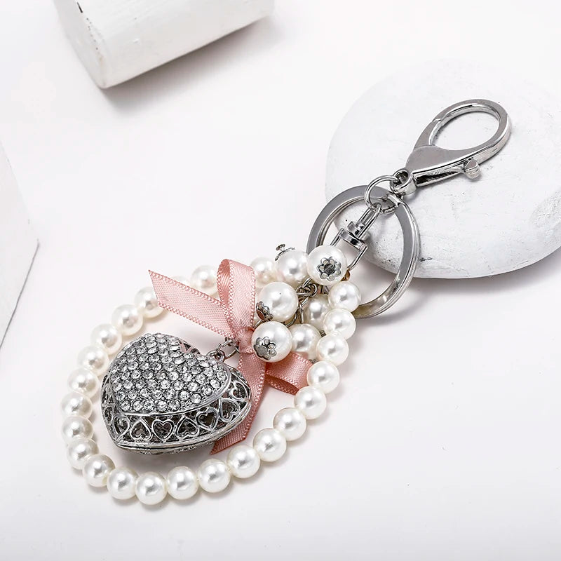 Pink Bow Love Pearl Chain KeyChain Sparkling Crystal Women's Luxury Handbag Pendant Car Key Ring