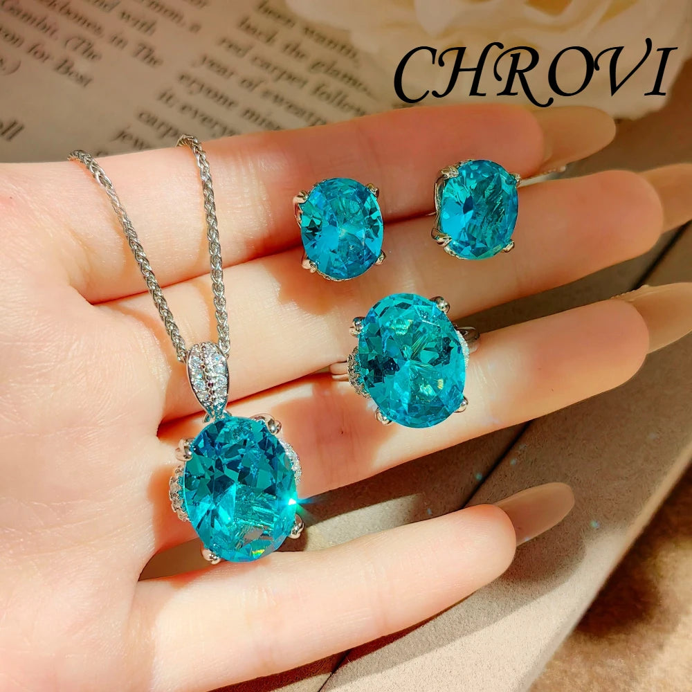 Luxurious 925 sterling silver exquisite pendant necklace, diamond ring, stud earrings, gemstone set set for women