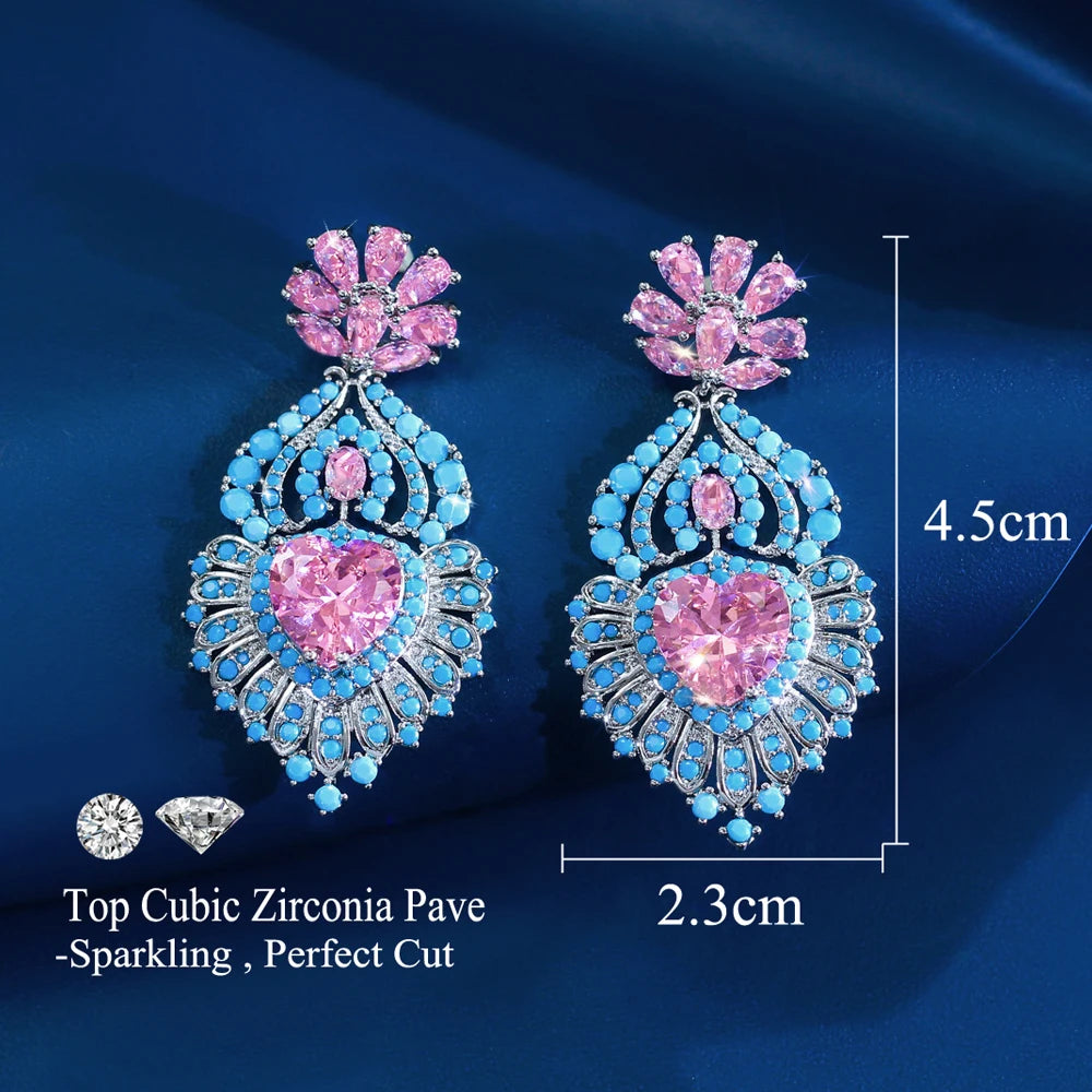 ThreeGraces Luxury Shiny Pink Heart Zirconia and Synthetic Turquoise Women Long Big Bridal Wedding Party Earrings Jewelry E2052