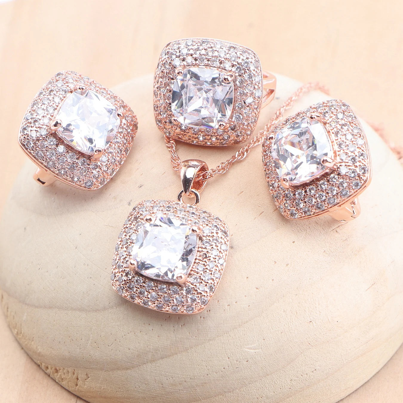 Bridal Jewelry Sets 925 Sterling Silver Rose Gold Color Red Zircon For Women Earrings Rings Pendant Wedding Necklace Set
