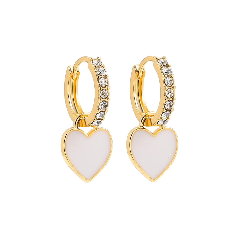 New Trendy Rhinestone Small Circle Hoops with Cute Candy Neon Color Heart Hanging Earrings for Women Gold Plated Huggies Jewelry