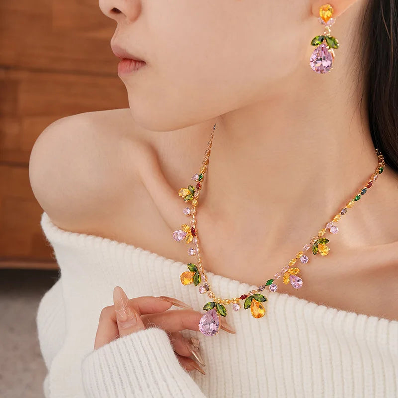 Colorful Zircon Flowers Water Drop Earrings Pendant Necklace Women's Charm Elegant Fashion Jewelry Set Accessories Party Dress G