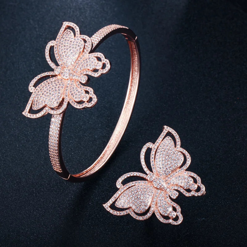 ThreeGrace Luxury Sparkling Cubic Zirconia Wedding Bridal Party Big Butterfly Finger Ring and Bangle Jewelry Set for Women JS543