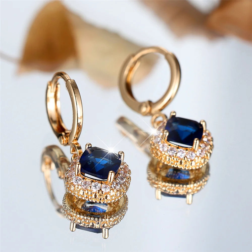 Cute Female Blue Zircon Stone Square Hoop Earrings Fashion Female Gold Color Wedding Jewelry For Women