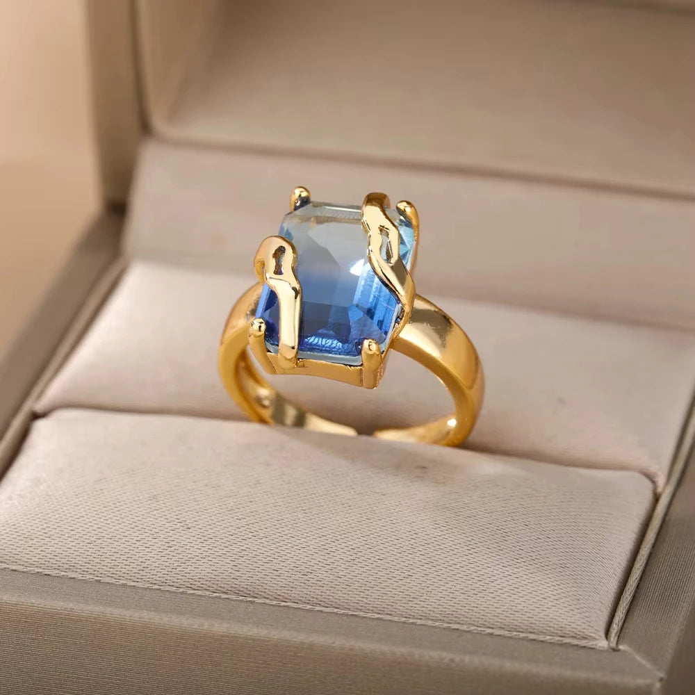 Stainless Steel Rings Gold Plated Colorful Stone Zircon Crystal Luxury Flower Ring For Women Wedding Jewelry Christmas Gift New
