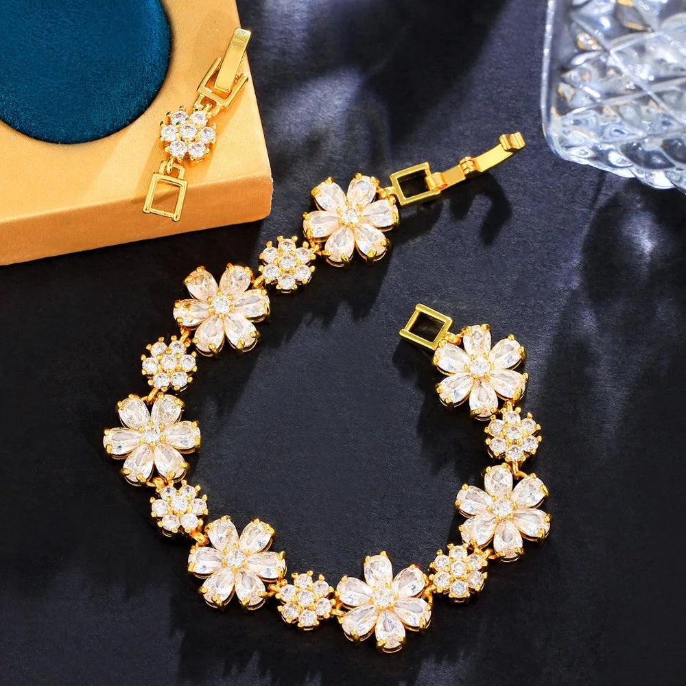 ThreeGraces High Quality Green Cubic Zirconia Gold Color Flower Link Chain Bracelet for Women Fashion Dubai Party Jewelry BR294