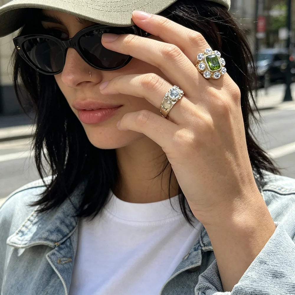 E.B.belle Party Shiny Flower Luxury Clear Green Zircon Ring Stainless Steel PVD Plated Fashion Women Stetement Jewelry
