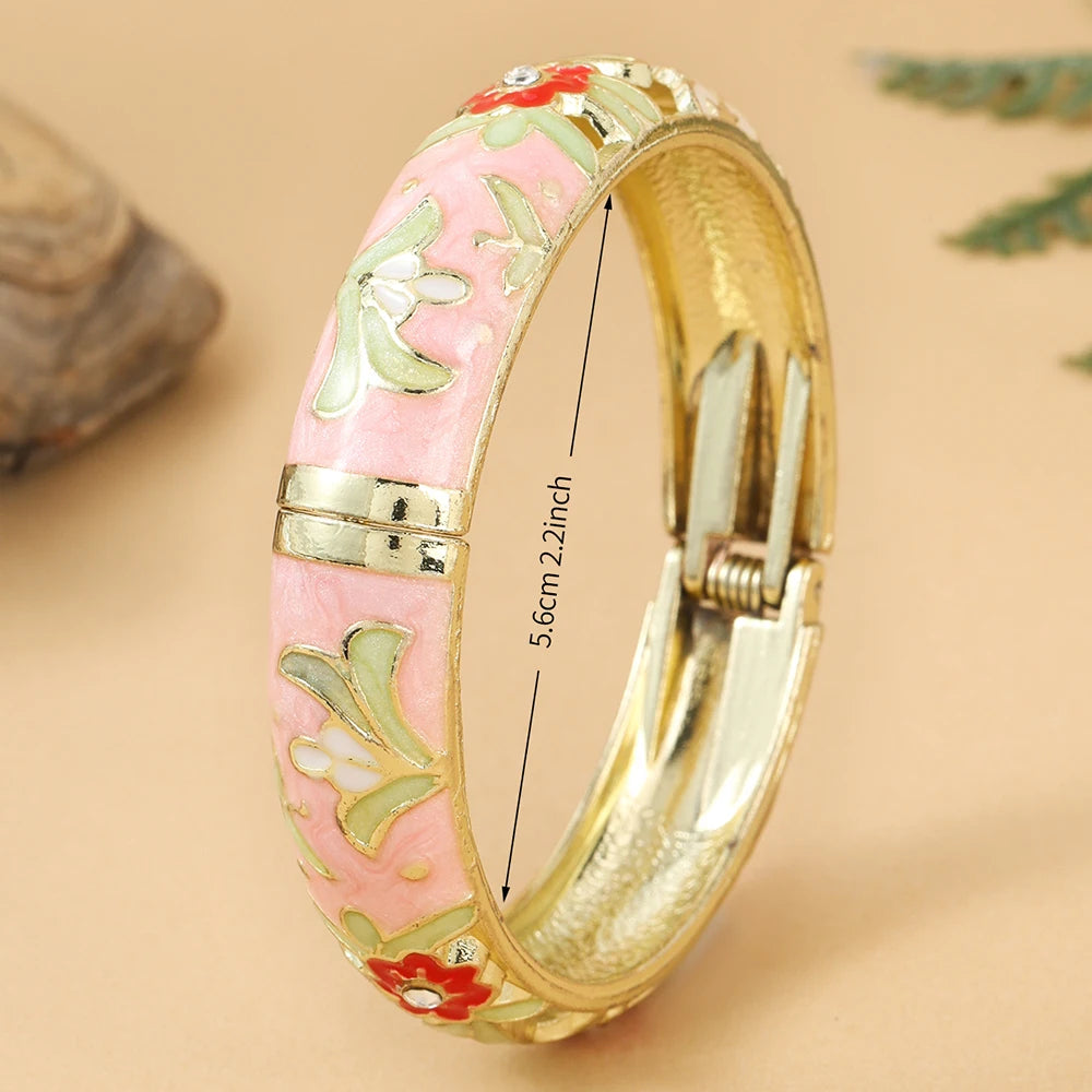 Jardme 1PCS Wide Hollow Enamel Bracelet For Women Vintage Indian Chinese Luxurious Cloisonne Bangles Women's Daily Jewelry