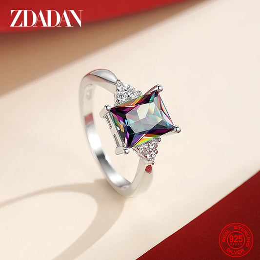 ZDADAN 925 Sterling Silver Square Aquamarine Ring For Women Fashion Wedding Jewelry