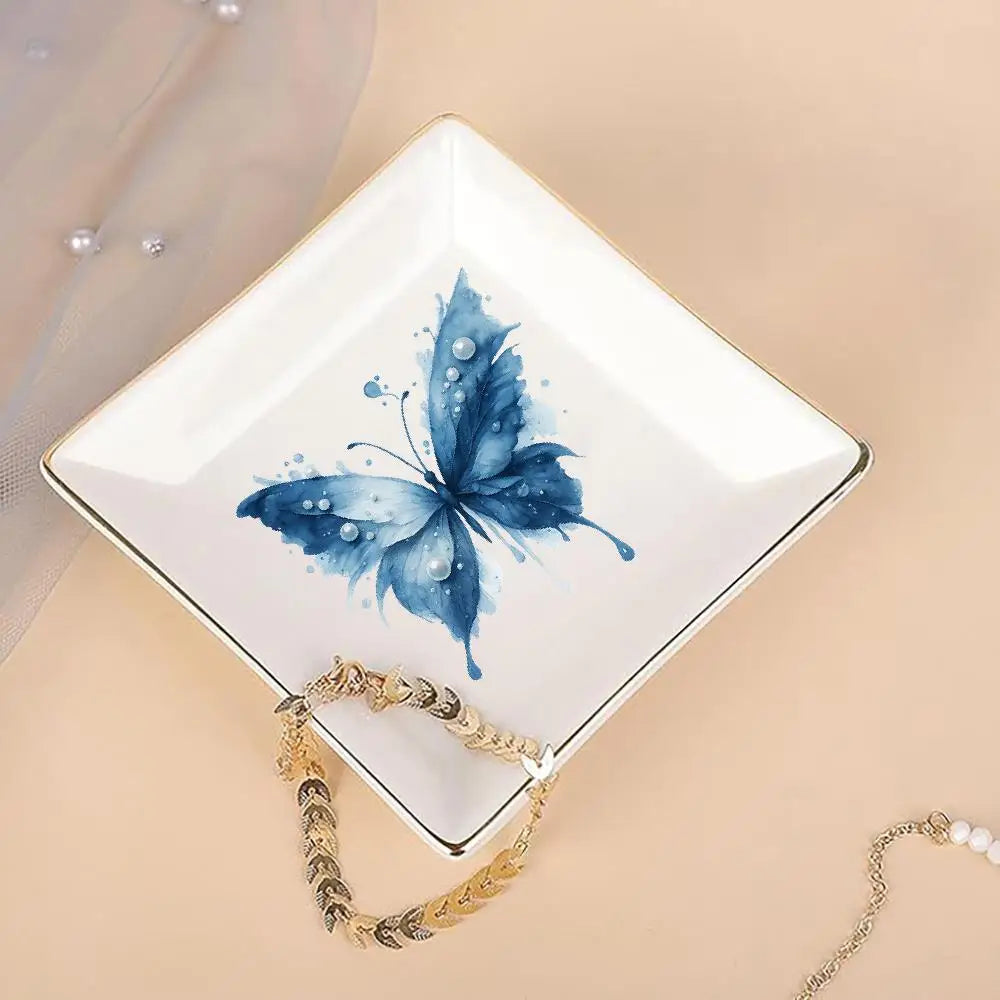 Butterfly Pearl Decorative Ceramic Jewelry Tray Home Decor Jewelry Organizer Catch All Tray Small Trinket Dish Bedroom Dresser